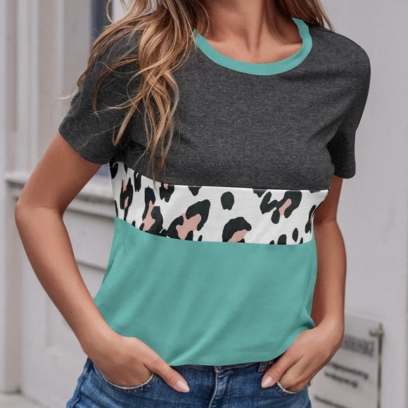 Boho Leopard Print Color Block Tee Top - Picture 3 of 10